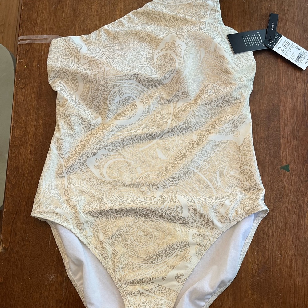 12 Ralph Lauren golden paisley pattern one shoulder one piece bathing suit - Picture 2 of 9